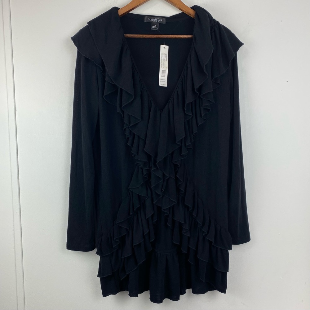 August Silk size Medium Women's Black Ruffle Long Sleeve Cardigan Sweater NWT